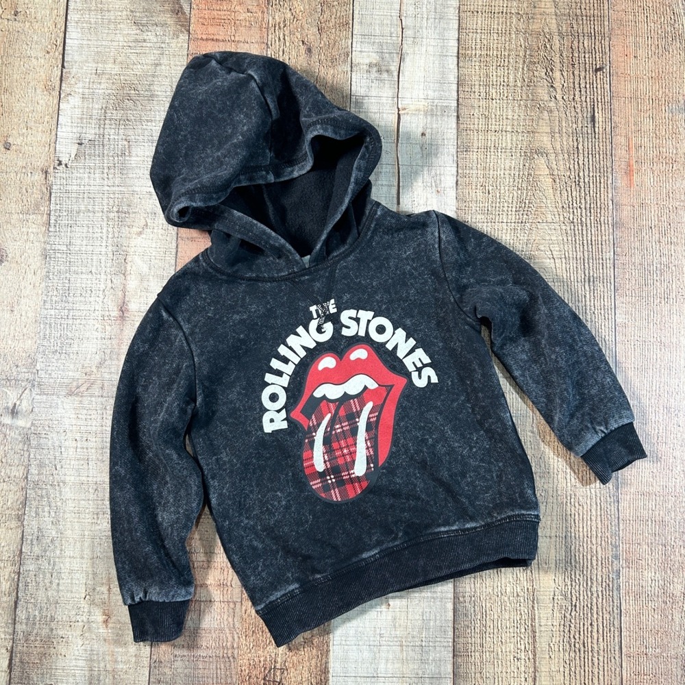 The Rolling Stones Black Acid Wash Plaid Tongue Graphic Hoodie Kids Size 3T Rock